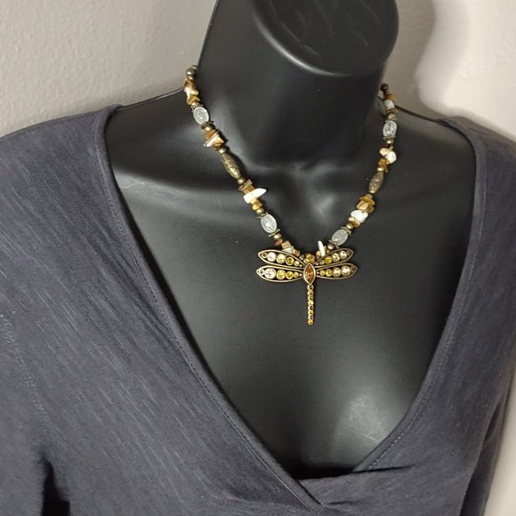 Very Cool Mixed Materials Dragonfly Necklace Adjustable 16.5 To 18.5 Inches - Picture 1 of 16